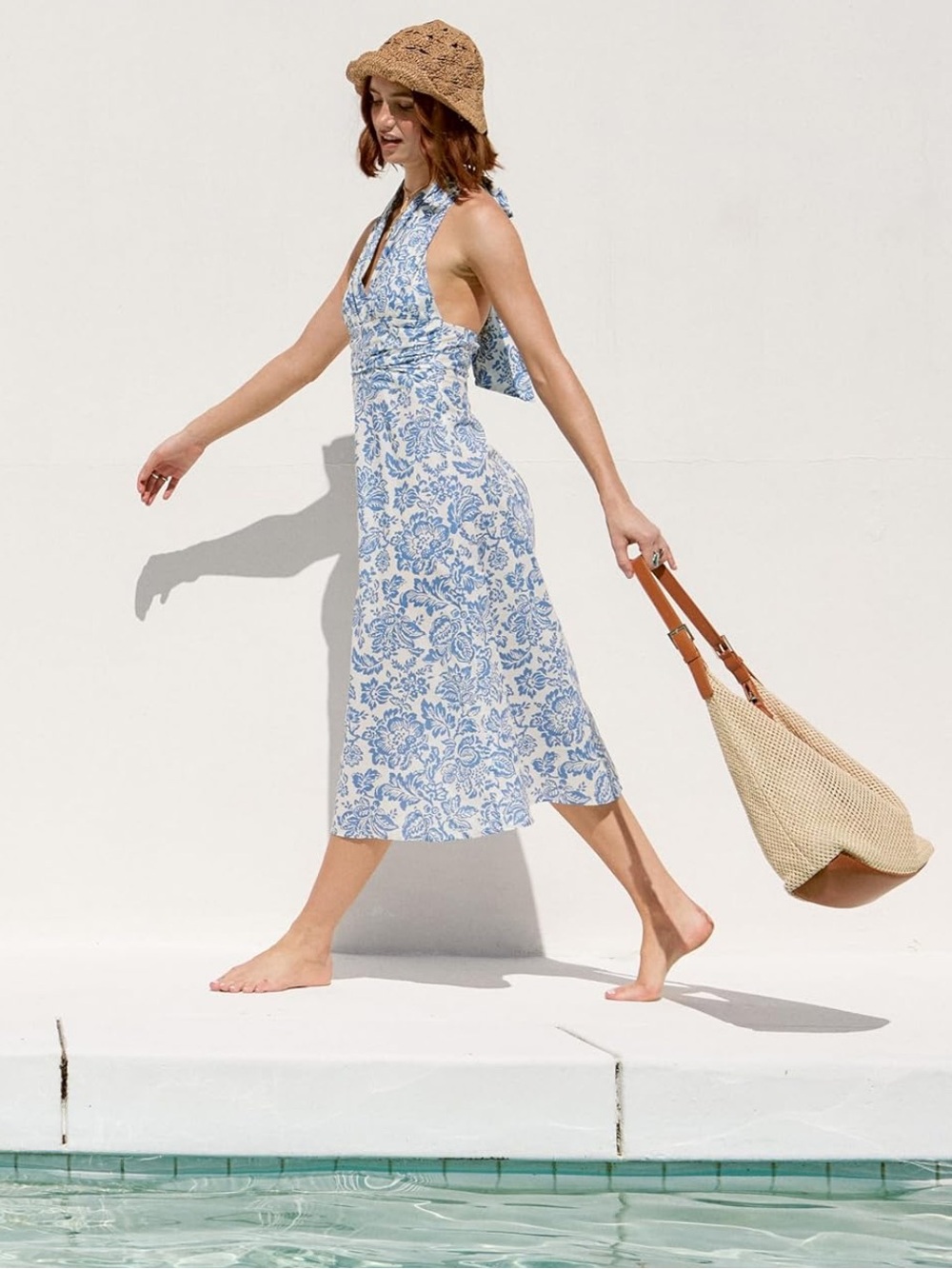 NWT Cider "Santorini" 100% Cotton Blue White Floral Backless V-Neck Halter Dress